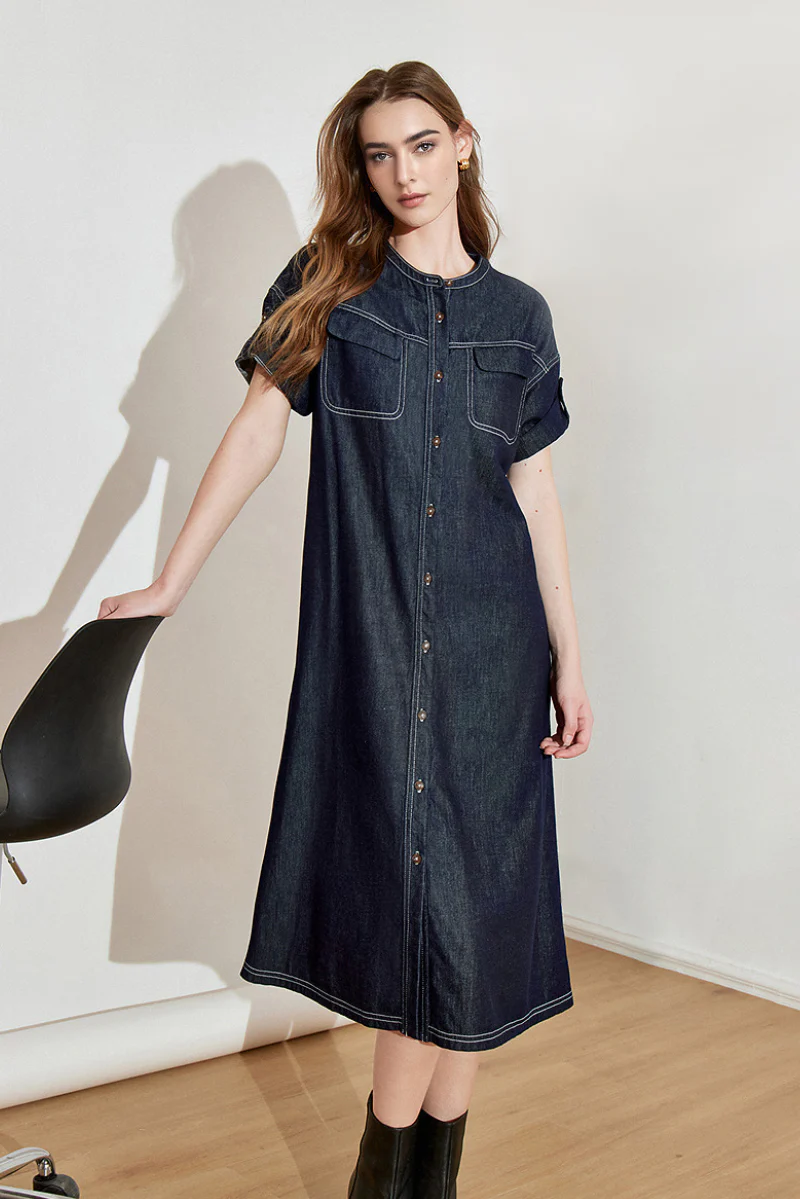 Denim Short-Sleeve Button-Up Belted Midi Shirt Dress with Back Slit - HBQMJX