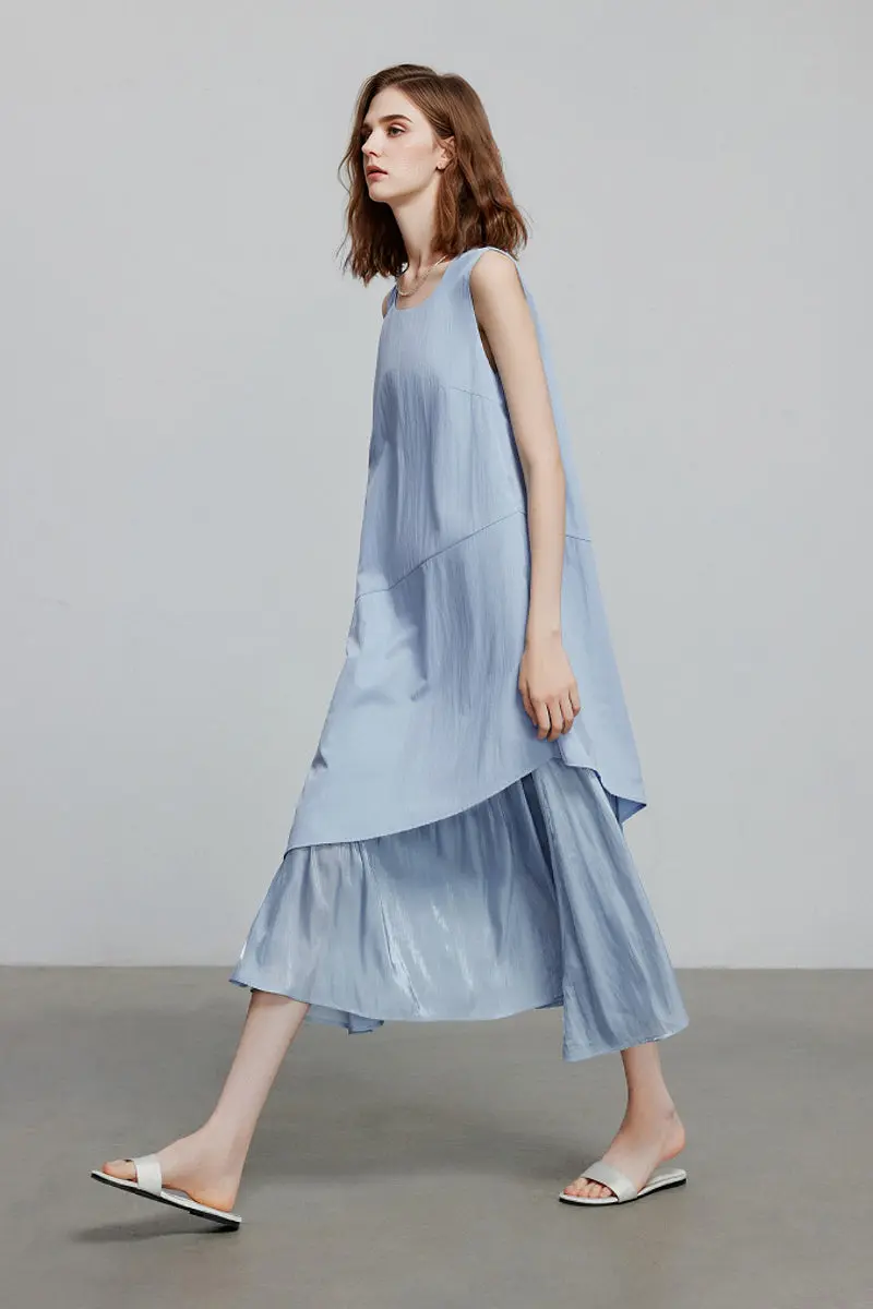 Blue Flowy Asymmetrical Sleeveless Trapeze Midi Dress - HBQMJX