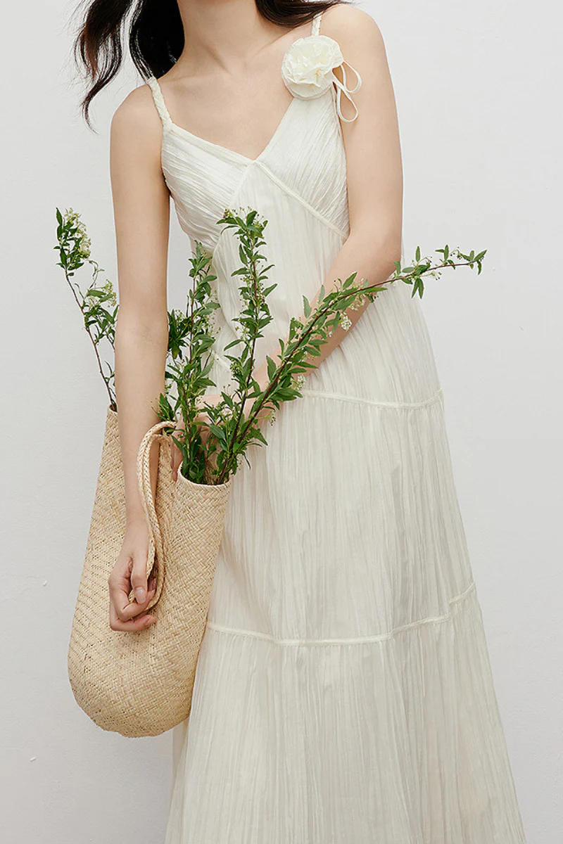 White V-Neck Spaghetti-Strap Textured Midi Dress - HBQMJX