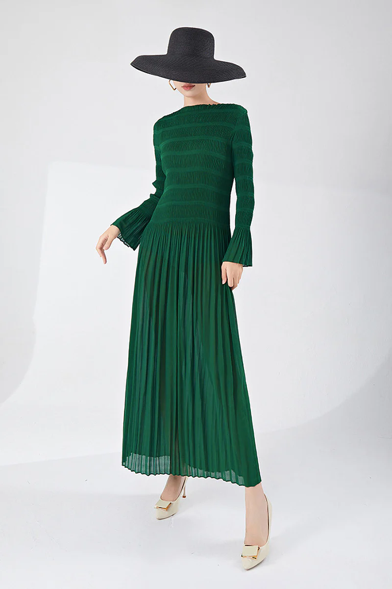Designer Inspired Pleated Long Sleeve Smocked Maxi Dress in Emerald Green - HBQMJX