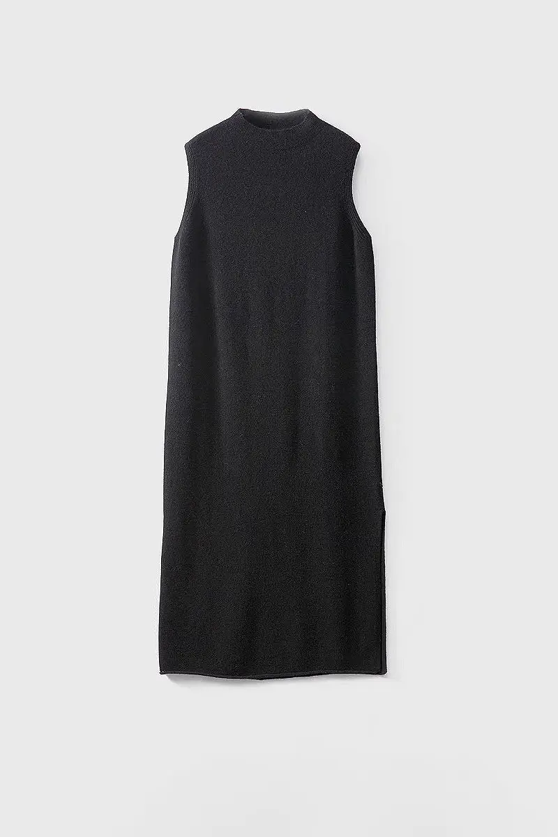 100 Wool Seamless Knit Sleeveless Midi Sweater Dress with Side Slit - HBQMJX