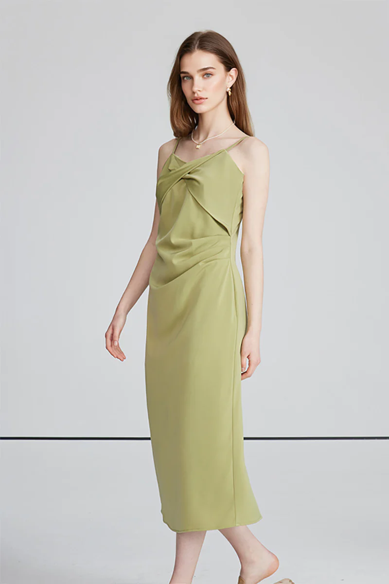 Green Spaghetti-Strap Twist-Front Midi Dress - HBQMJX