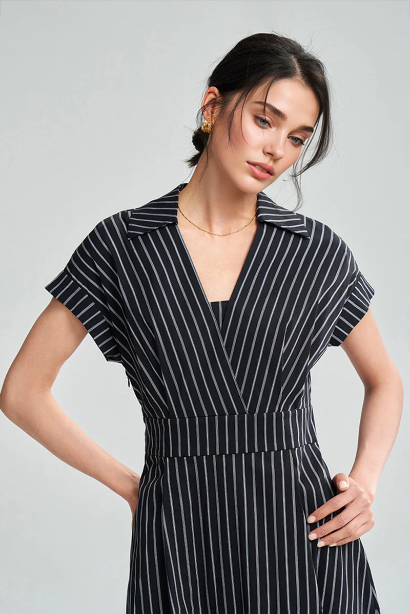 Black & White Striped A-Line Cap-Sleeve Midi Dress - HBQMJX