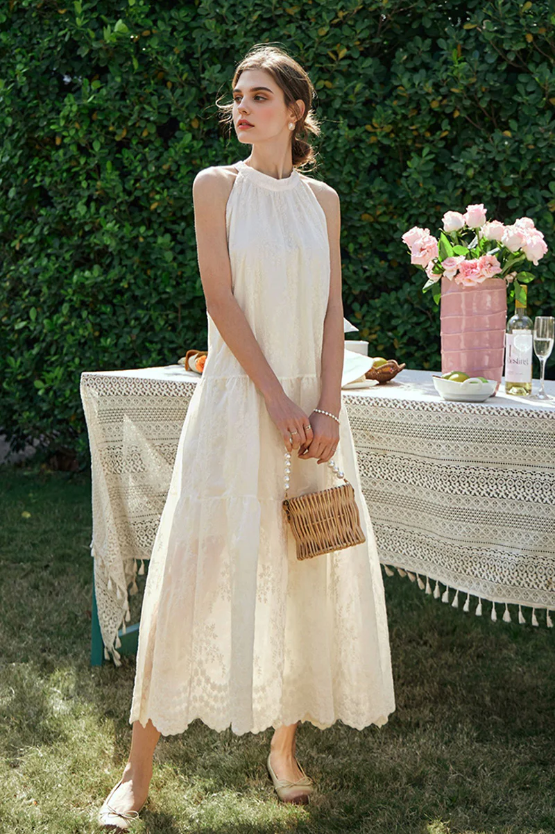 Ivory Embroidered Halter-Neck Tiered Midi Dress with Lace Hem - HBQMJX