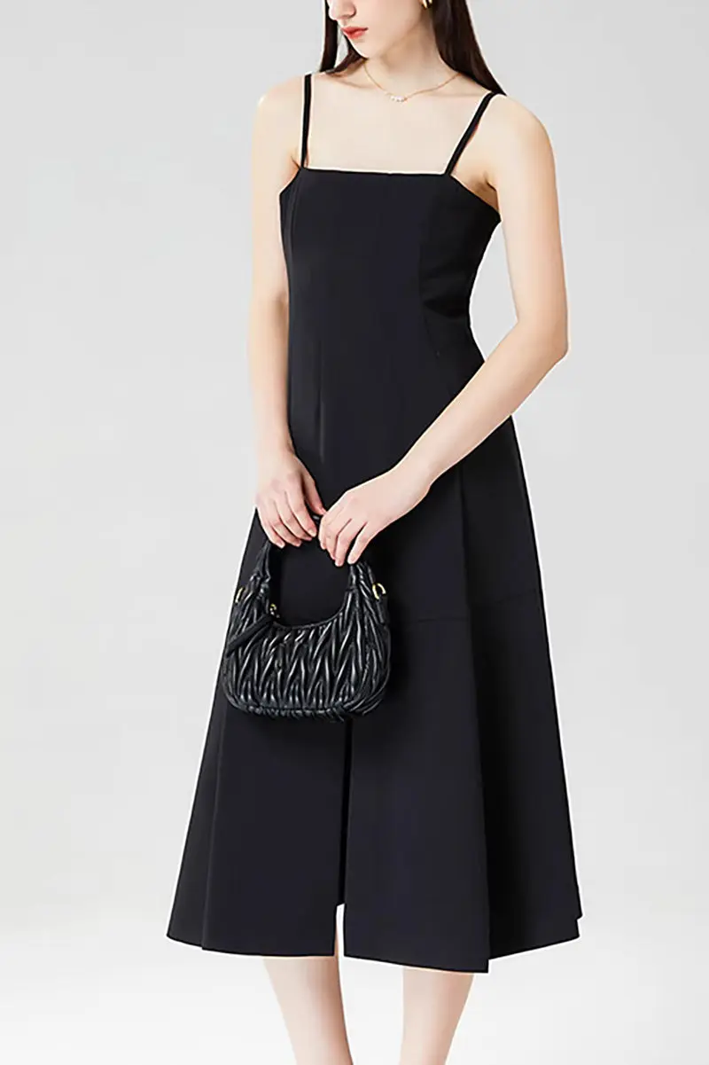 Elegant Black Spaghetti-Strap A-Line Midi Dress - HBQMJX