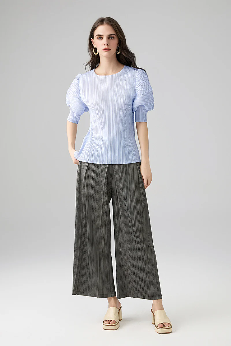 Designer Inspired Pleated Puff-Sleeve Top - HBQMJX