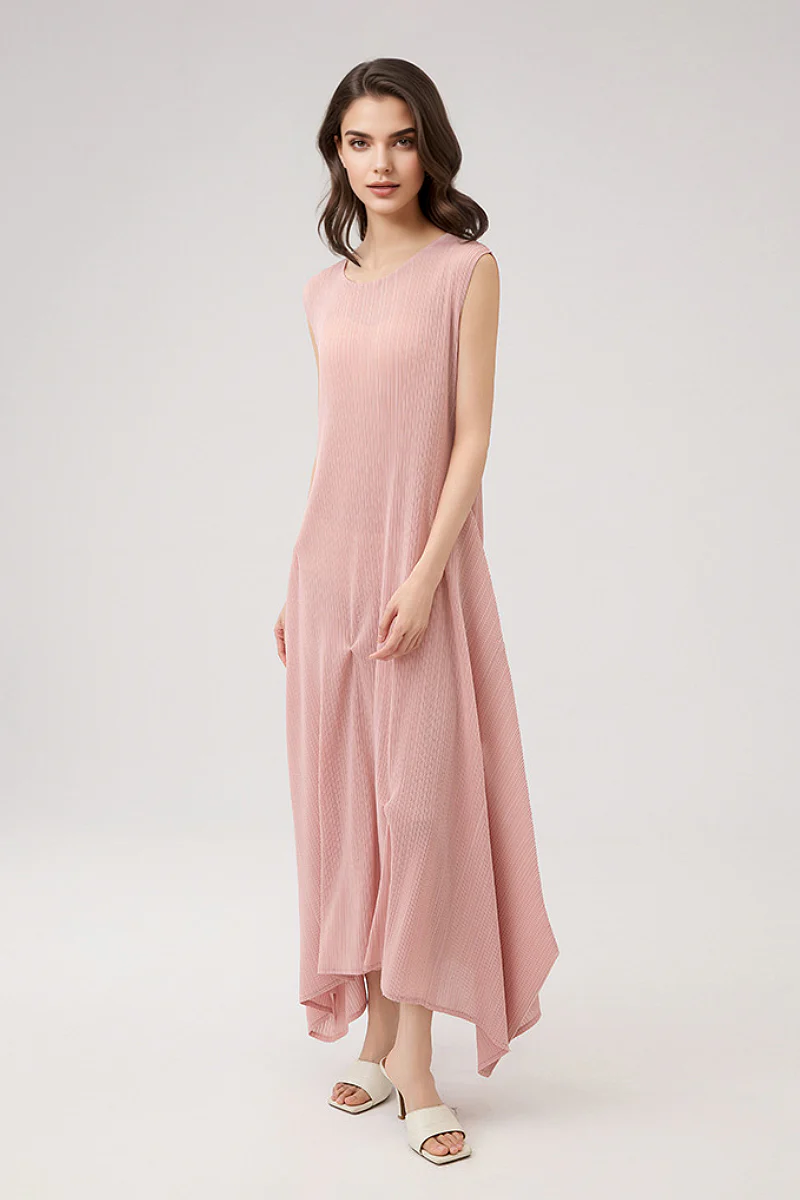 Designer Inspired Pleated Asymmetrical Midi Dress - HBQMJX