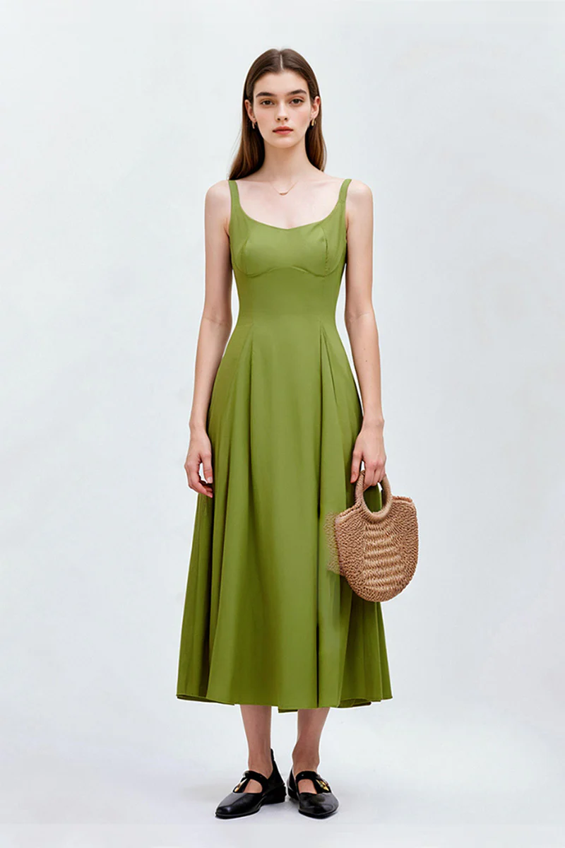 Olive Green Sleeveless Fit & Flare Midi Dress - HBQMJX