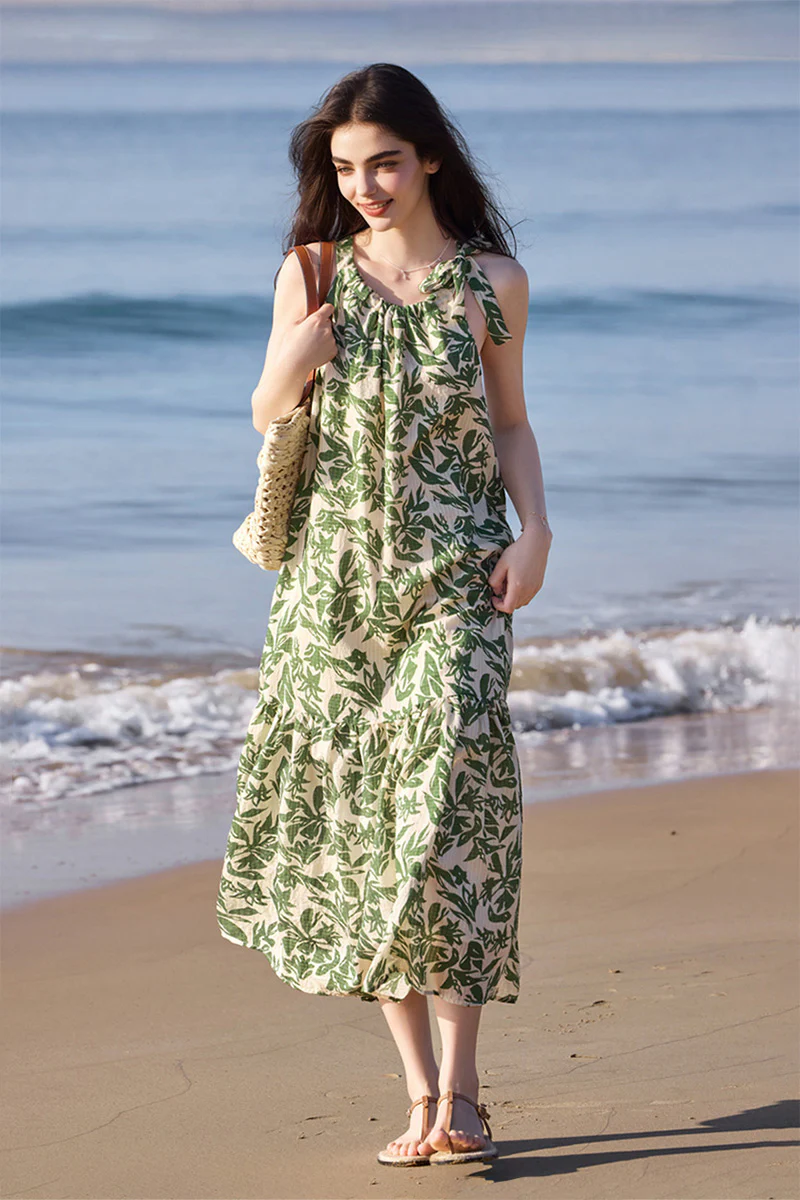 Green Floral Halter-Neck Beach Midi Dress - HBQMJX