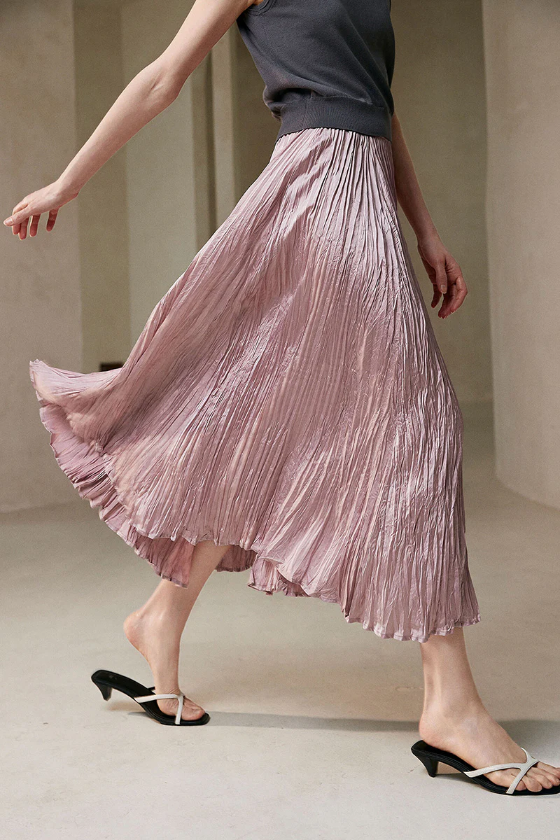 Flowy Crinkled A-line Midi Dress in Pink - HBQMJX