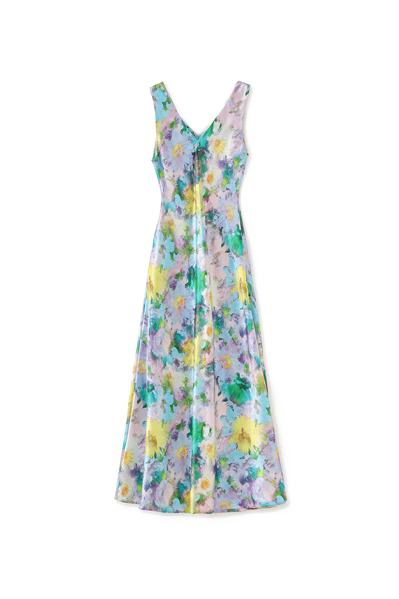 Floral Sleeveless V-Neck Satin Midi Dress - HBQMJX