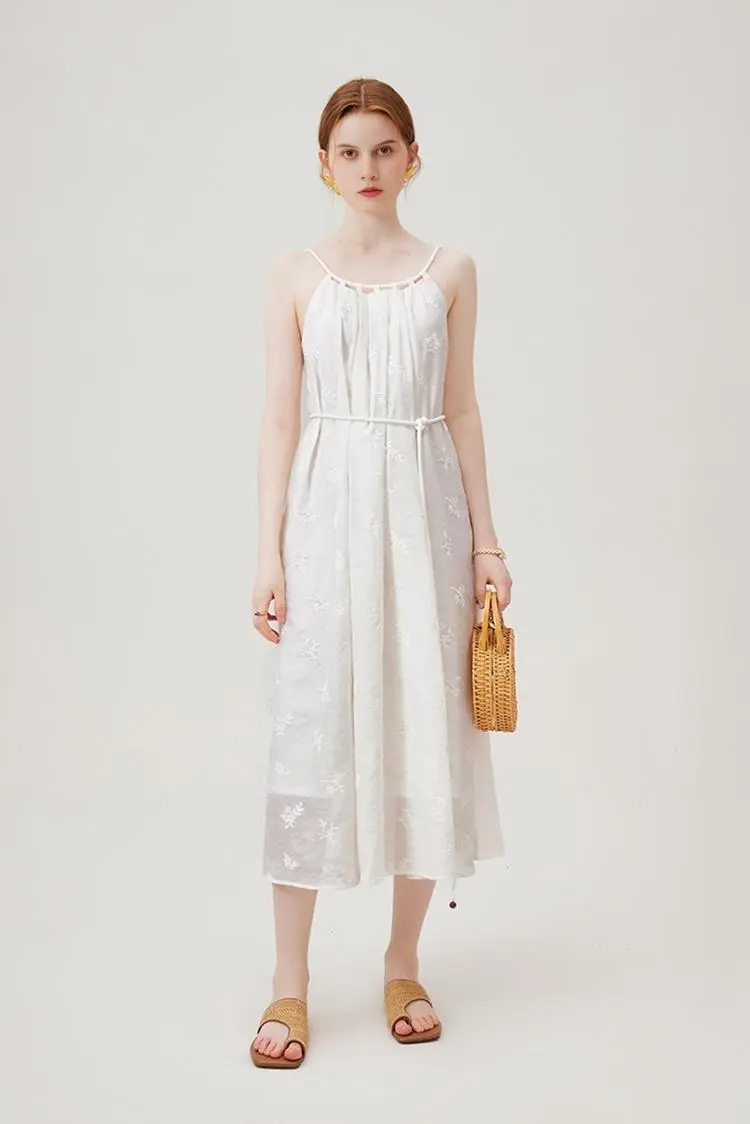 White Flowy Halter Embroidered Dress - HBQMJX