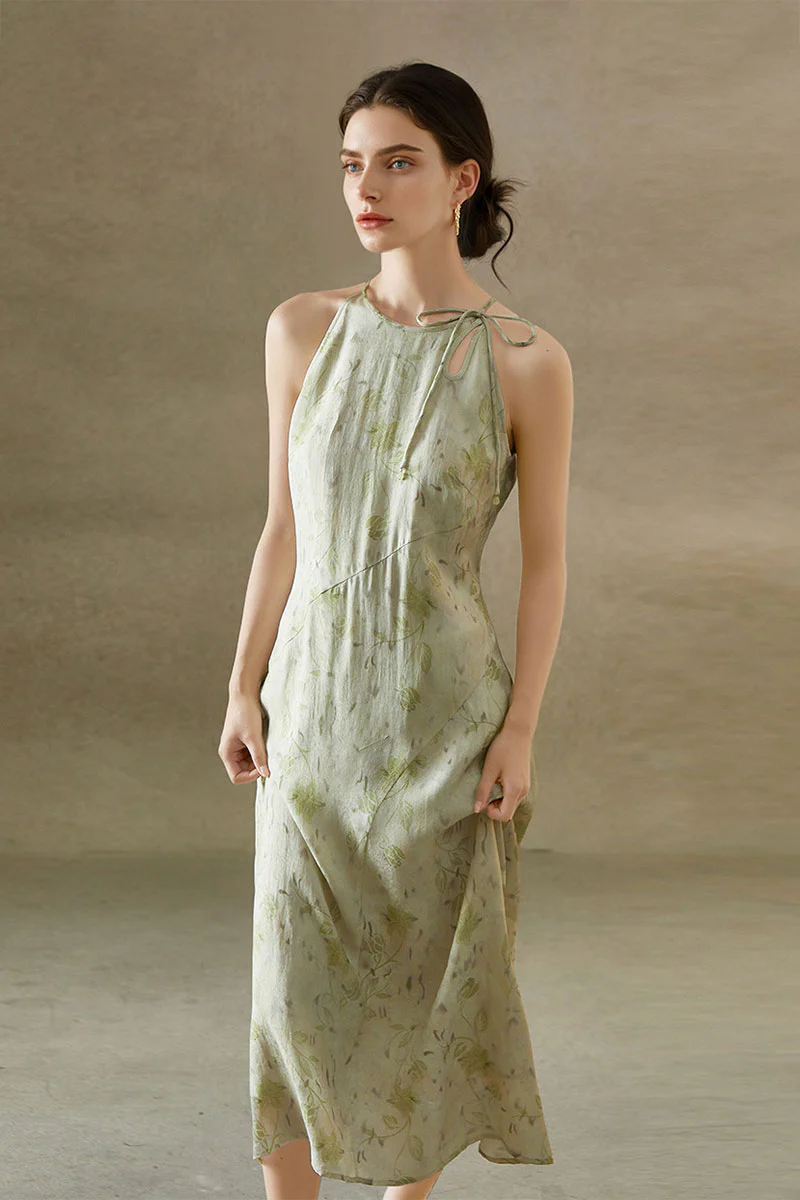 Sage Green Jacquard Halter Midi Dress with Shoulder Bow - HBQMJX