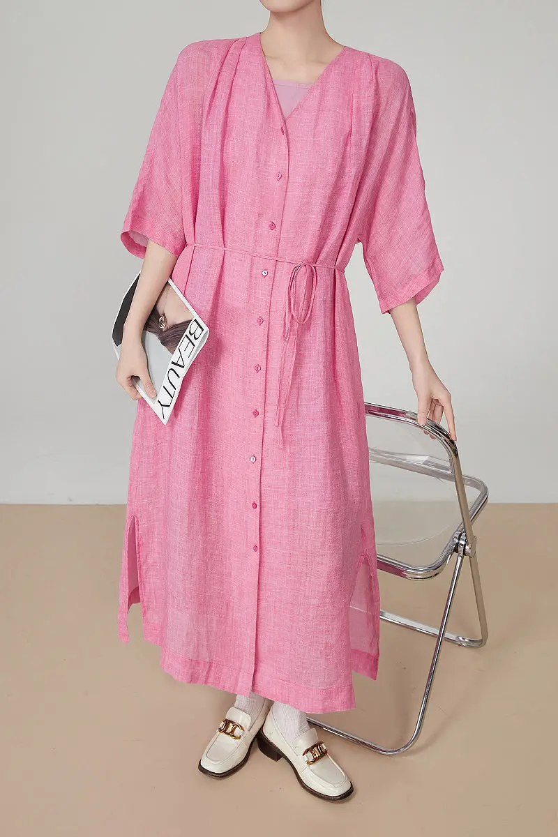100 Ramie Pink Belted Shirt Midi Dress - HBQMJX