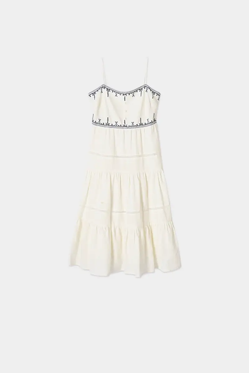 White Tiered Embroidered Spaghetti-Strap Midi Dress - HBQMJX