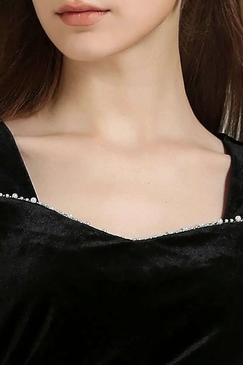 Black Long Sleeve Velvet Midi Dress with Ruched Neck and Front Slit - HBQMJX