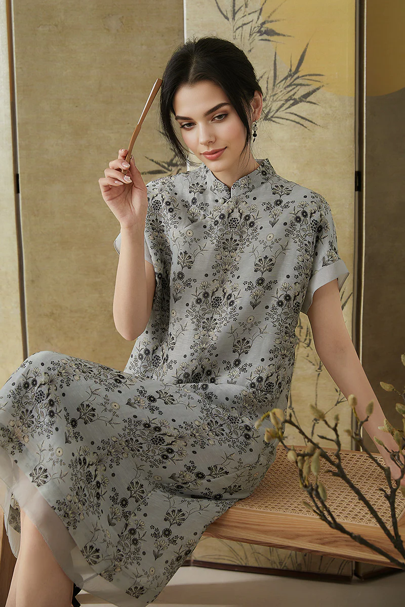 Qipao-Inspired Floral Midi Dress in Linen-Silk Blend - HBQMJX