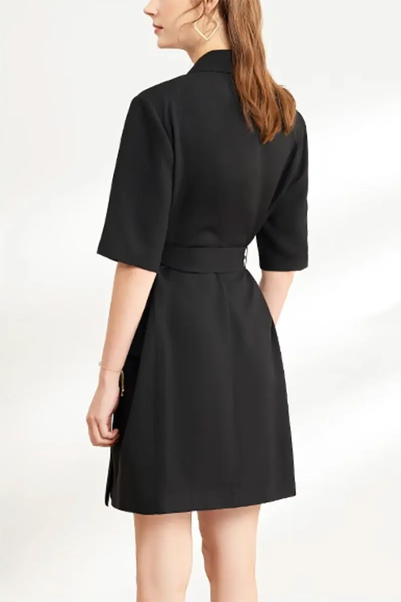 Black Double-Breasted Belted Blazer Mini Dress with Elbow Sleeve - HBQMJX