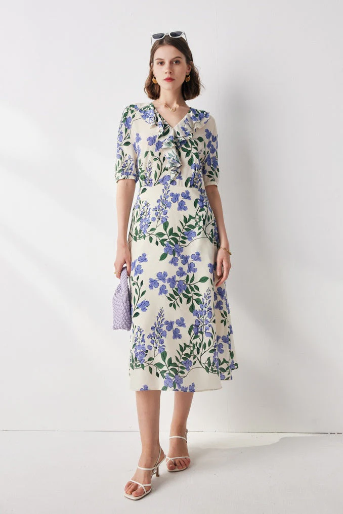French Chic Silk Floral Maxi Dress - HBQMJX