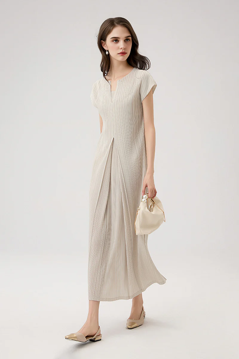 Designer Inspired Pleated Cap-Sleeve Midi Dress - HBQMJX