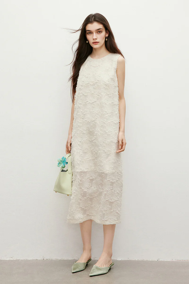White Floral Applique Sleeveless Dress - JIEEQQ
