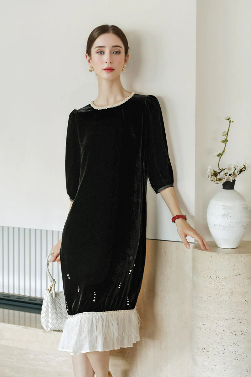 Ostrich-Feather Velvet Elbow-Sleeve Midi Dress with Pearl Trim - HBQMJX