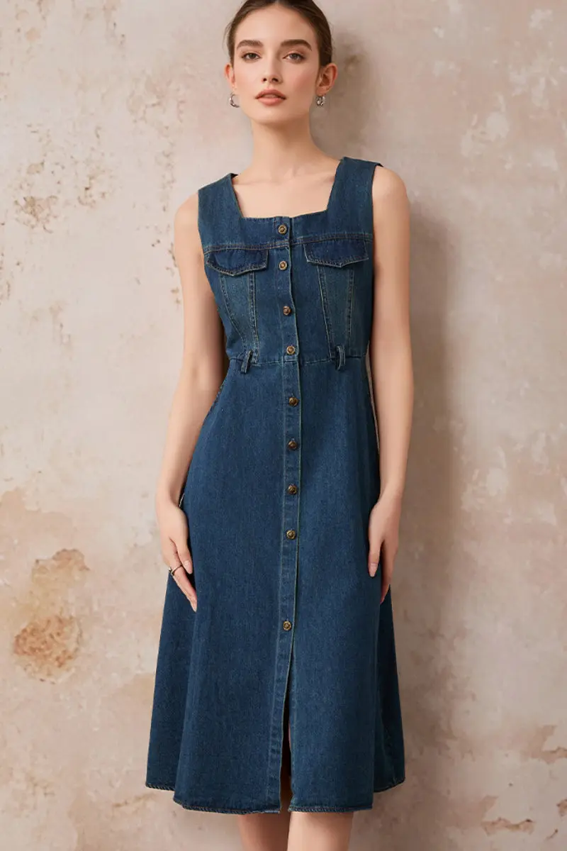 Denim Sleeveless A-Line Midi Shirt Dress - JIEEQQ
