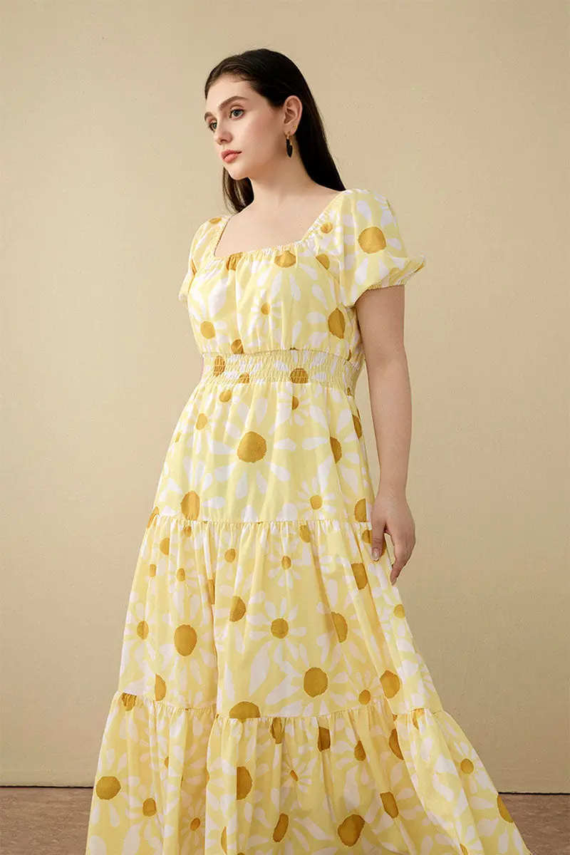 Yellow Floral Tiered Smocked Maxi Dress - HBQMJX
