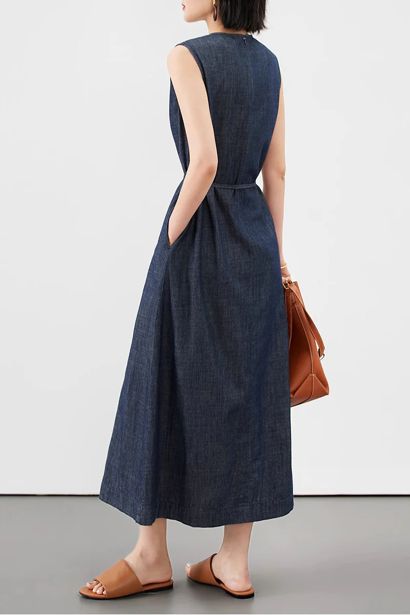 Paneled Sleeveless Denim A-Line Dress with Belt - HBQMJX