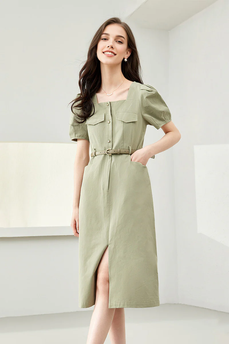 Sage Green Cargo Square-Neck Belted Midi Dress - HBQMJX