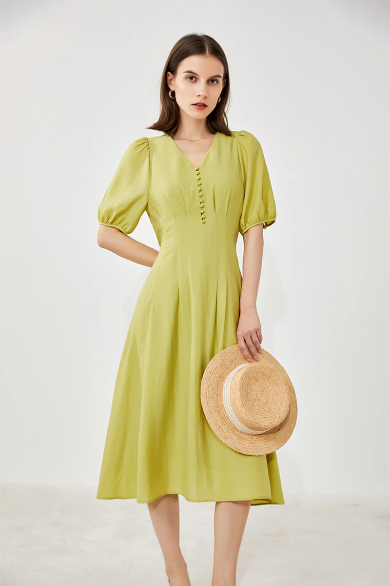 Lime Green V-Neck A-Line Midi Dress - HBQMJX