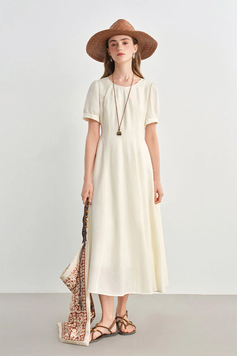 White Short-Sleeve A-Line Midi Dress - HBQMJX