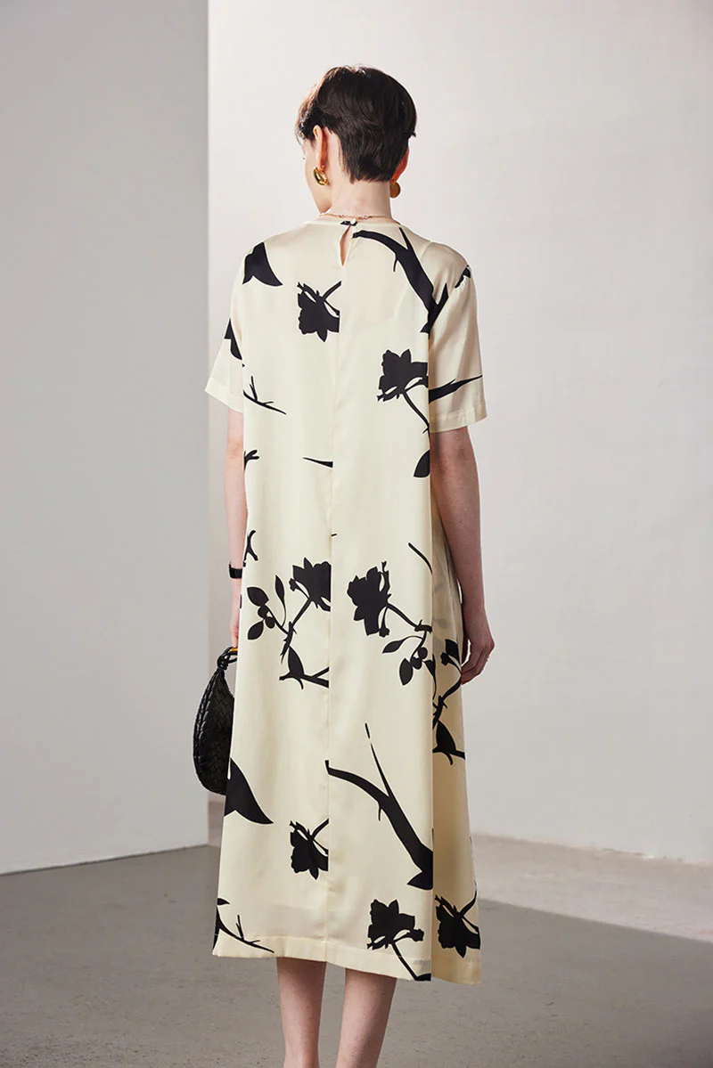 Stretch Silk Floral Short-Sleeve Crewneck Midi T-Shirt Dress - HBQMJX