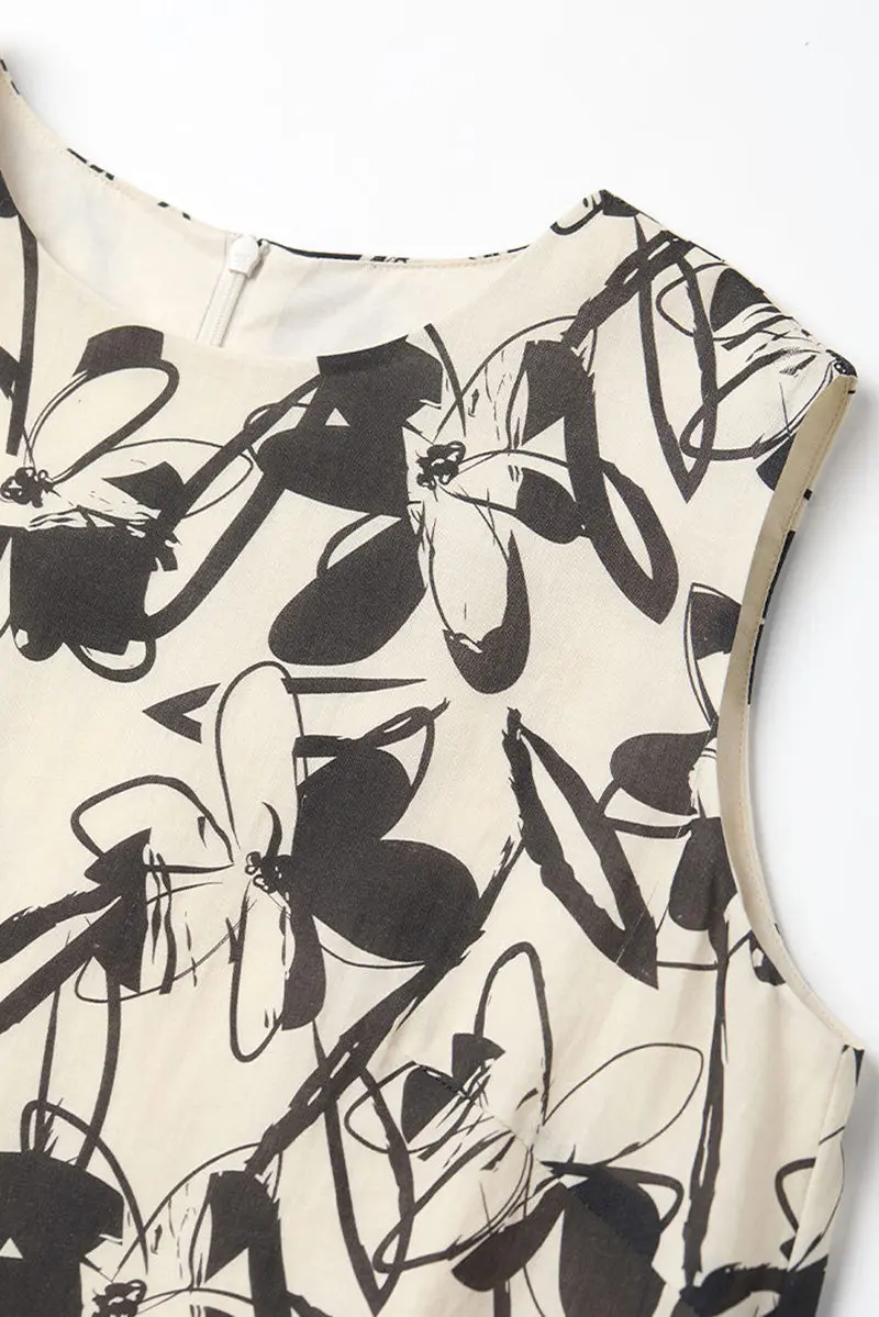 Vintage Floral Sleeveless Midi Shift Dress in Ramie - JIEEQQ