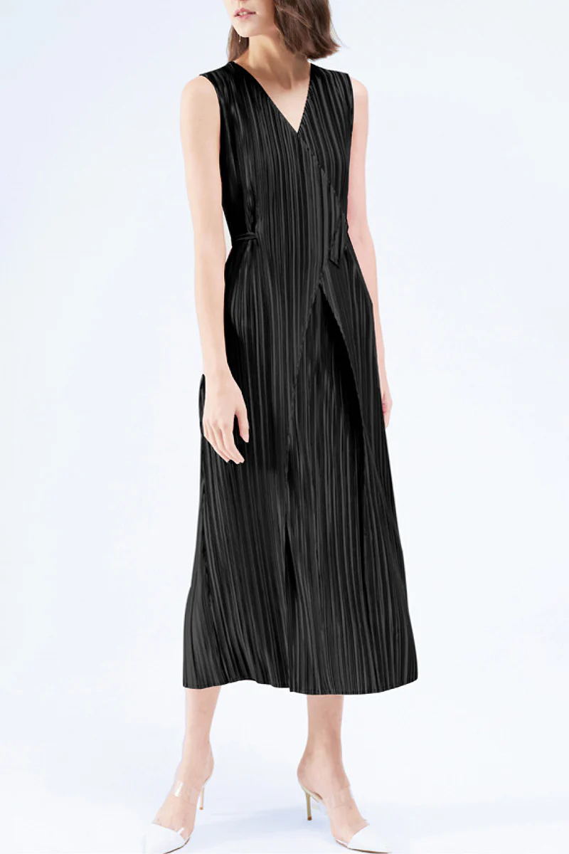 Designer Inspired Pleated Sleeveless Midi Wrap Dress - HBQMJX