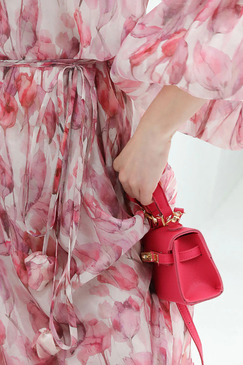 Boho Flower Balloon-Sleeve V-Neck Chiffon Maxi Dress with Underdress - HBQMJX