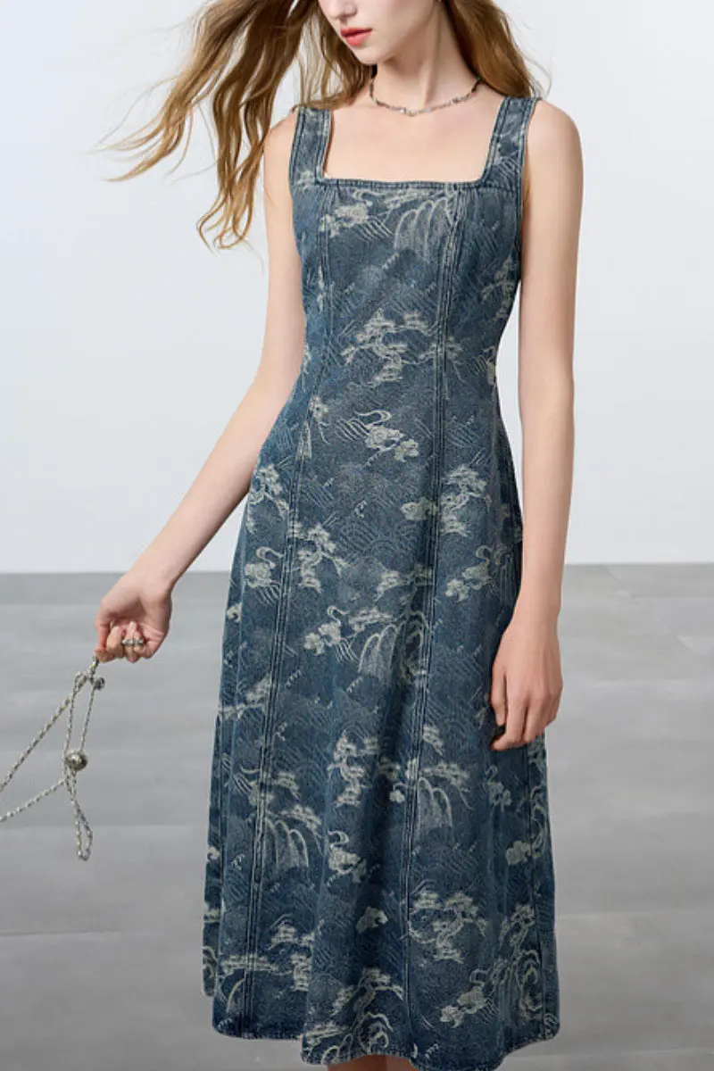 Denim Jacquard Square-Neck A-Line Midi Dress - HBQMJX