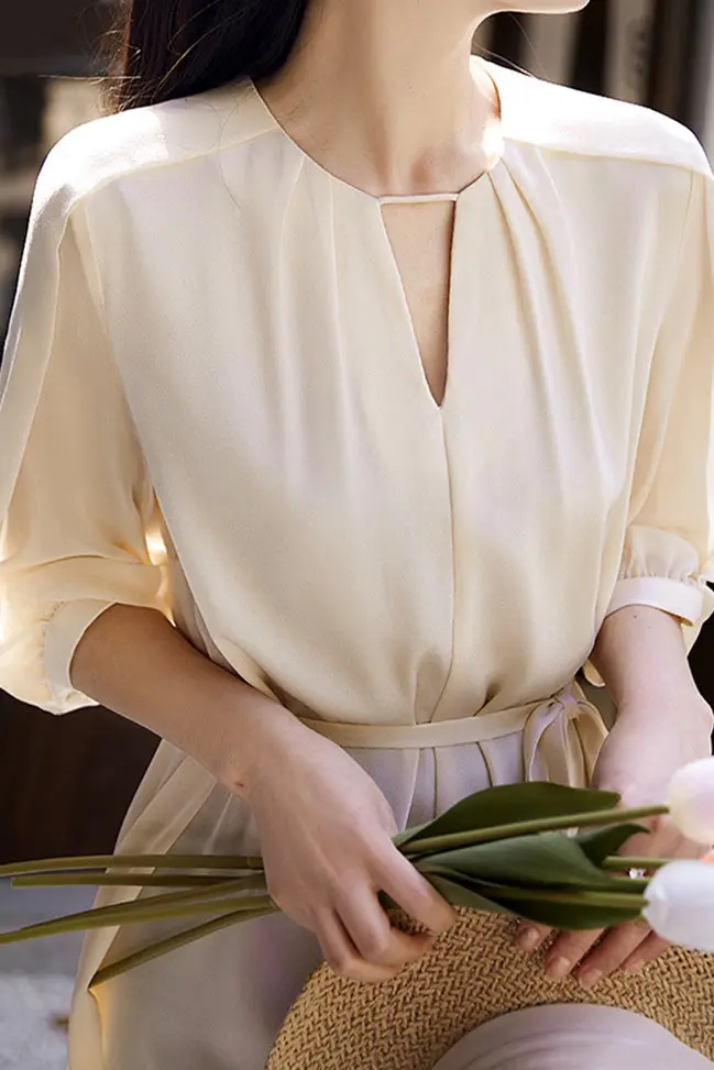 Triacetate Belted 3/4 Sleeve Keyhole Midi Dress - HBQMJX