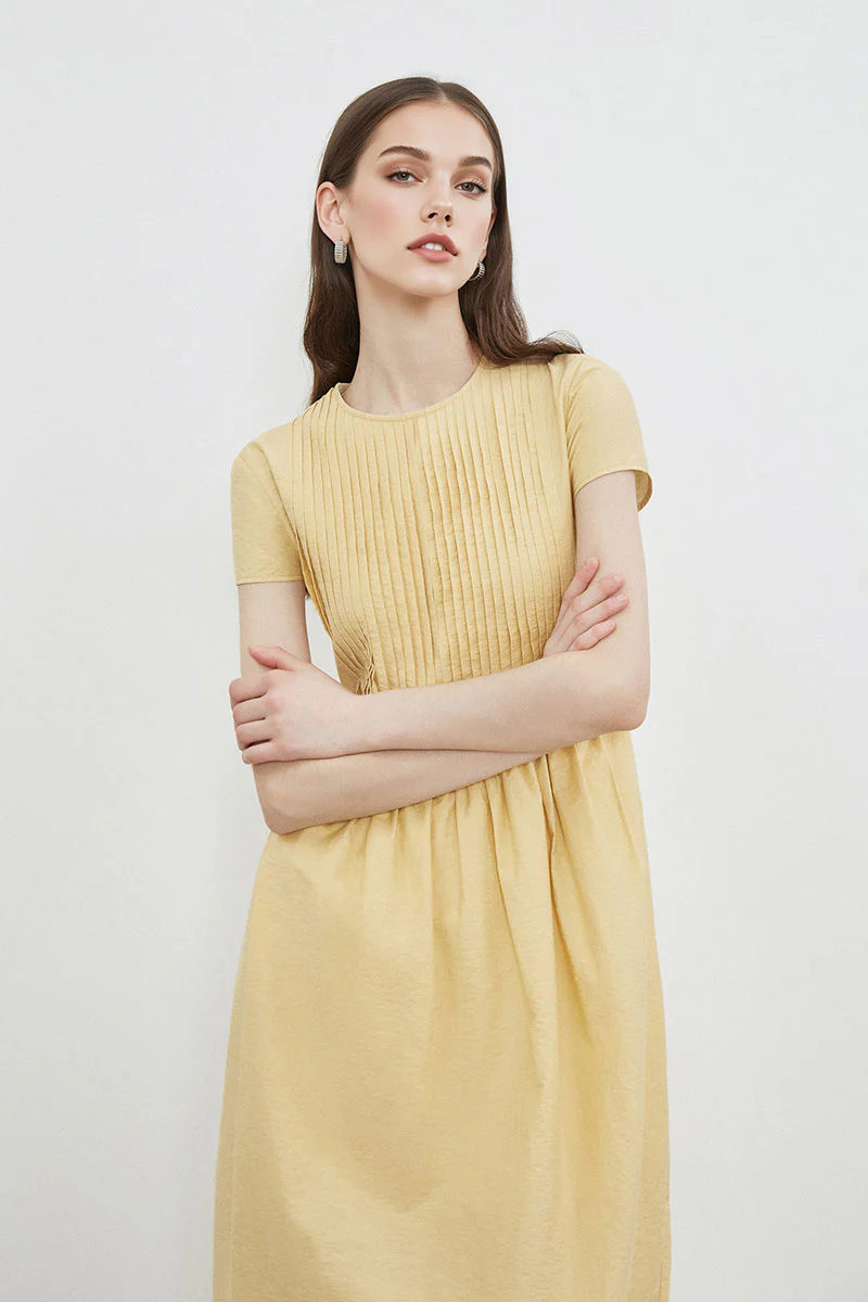 Yellow Long-Staple Cotton Midi Dress with Front Pleat - HBQMJX