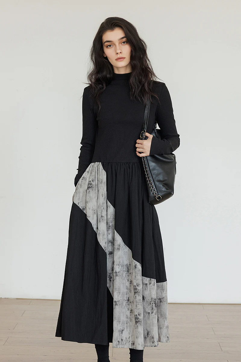 Fit & Flare Long-Sleeve Midi Dress with Lace Patchwork - HBQMJX