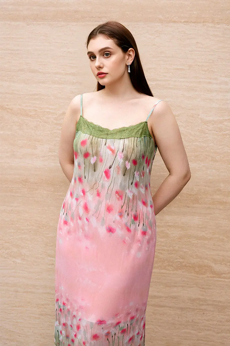 Floral Lace Mesh Slip Midi Dress with Side Slit - HBQMJX