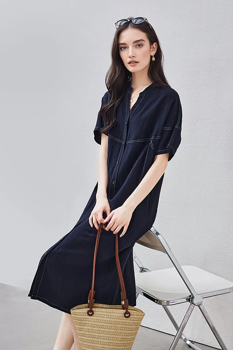 Linen-Blend Short-Sleeve Shirt Dress in Deep Navy - JIEEQQ