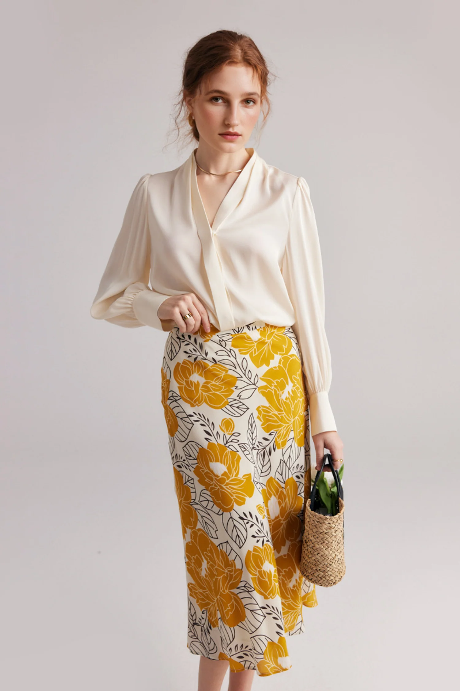 High Waisted A-Line Silk Floral Midi Skirt - HBQMJX