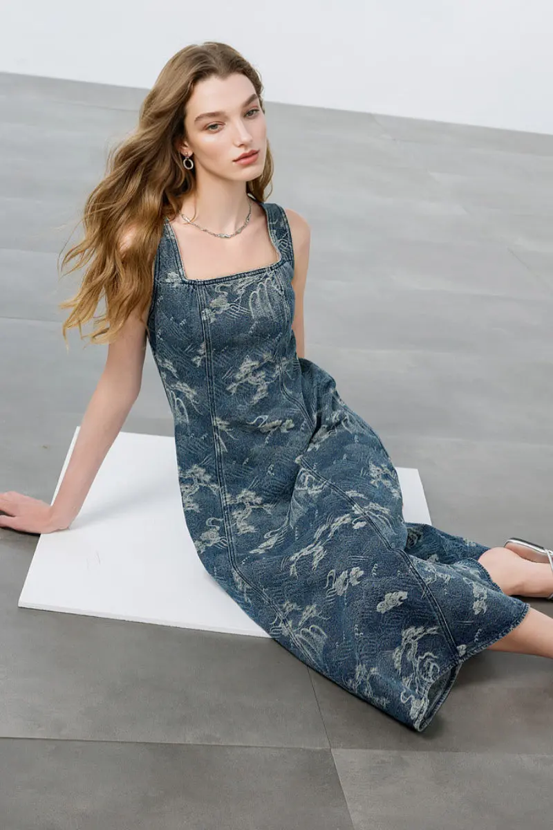 Denim Jacquard Square-Neck A-Line Midi Dress - HBQMJX