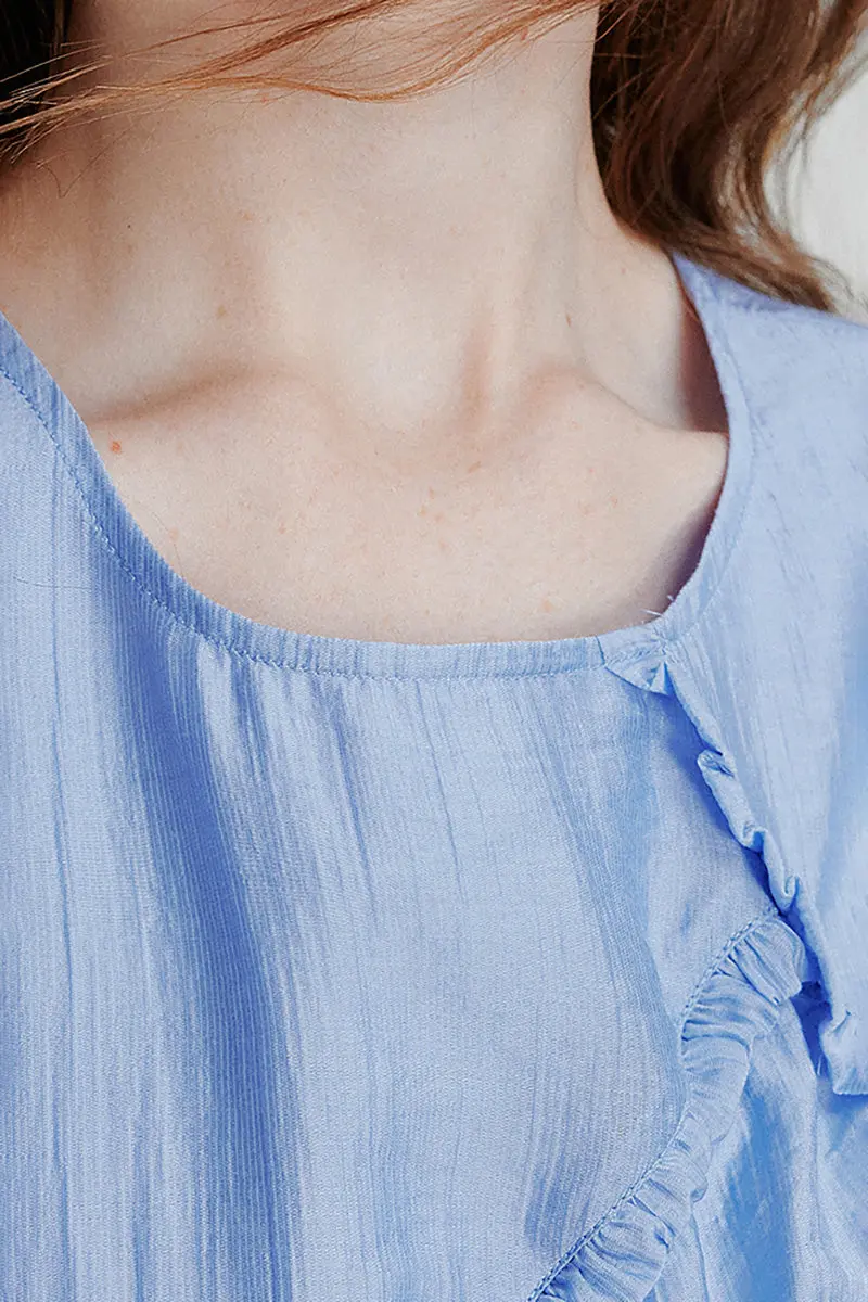 Light Blue Lyocell Sleeveless Ruffle-Detail Midi Dress - HBQMJX