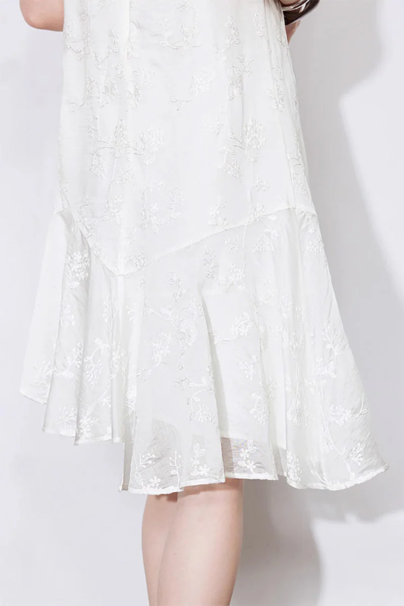 White Asymmetrical Heavy-Embroidery Sleeveless Midi Dress in Lyocell - HBQMJX