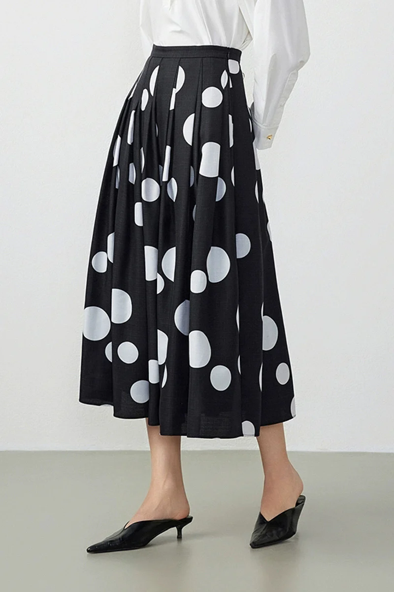Black Pleated Polka Dot A-Line Midi Skirt with Pockets - HBQMJX