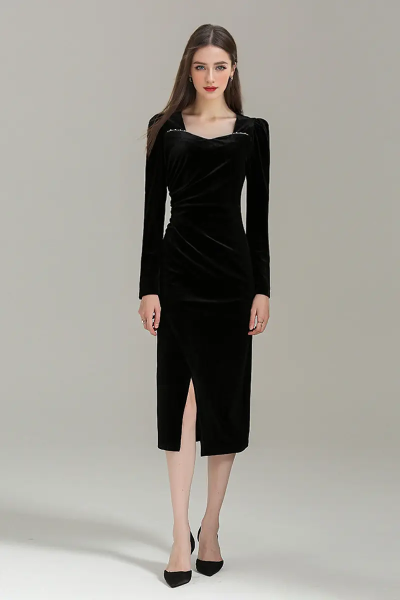 Black Long Sleeve Velvet Midi Dress with Ruched Neck and Front Slit - HBQMJX