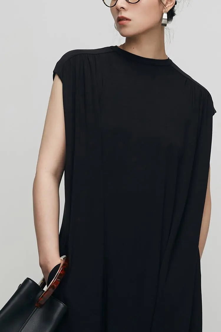 Oversized Padded Shoulder Acetate Sleeveless Shirt Dress - HBQMJX