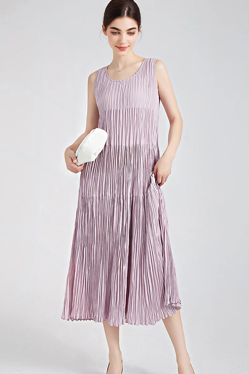 Designer Inspired Pleated Sleeveless Midi Dress - HBQMJX